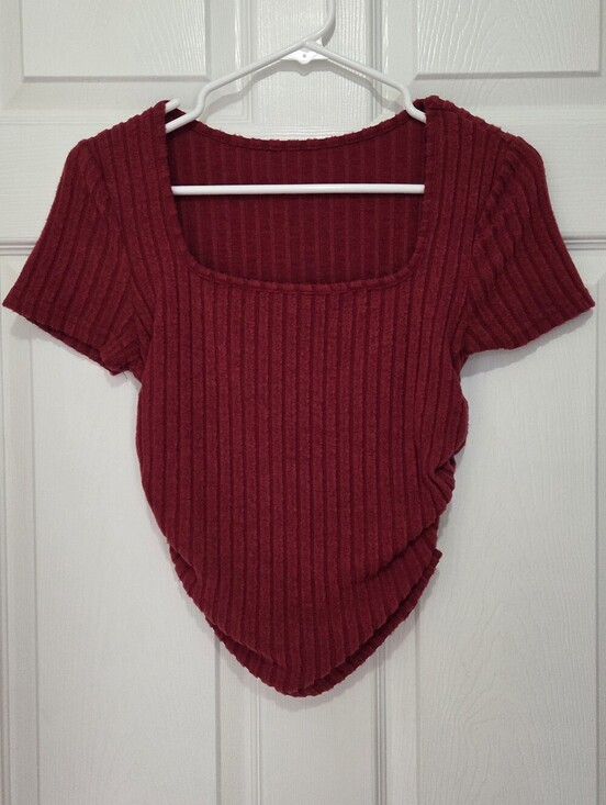 SHEIN Tops - Women Ruched Side Soft Rib-knit Square Neck Crop Red Top Size Small